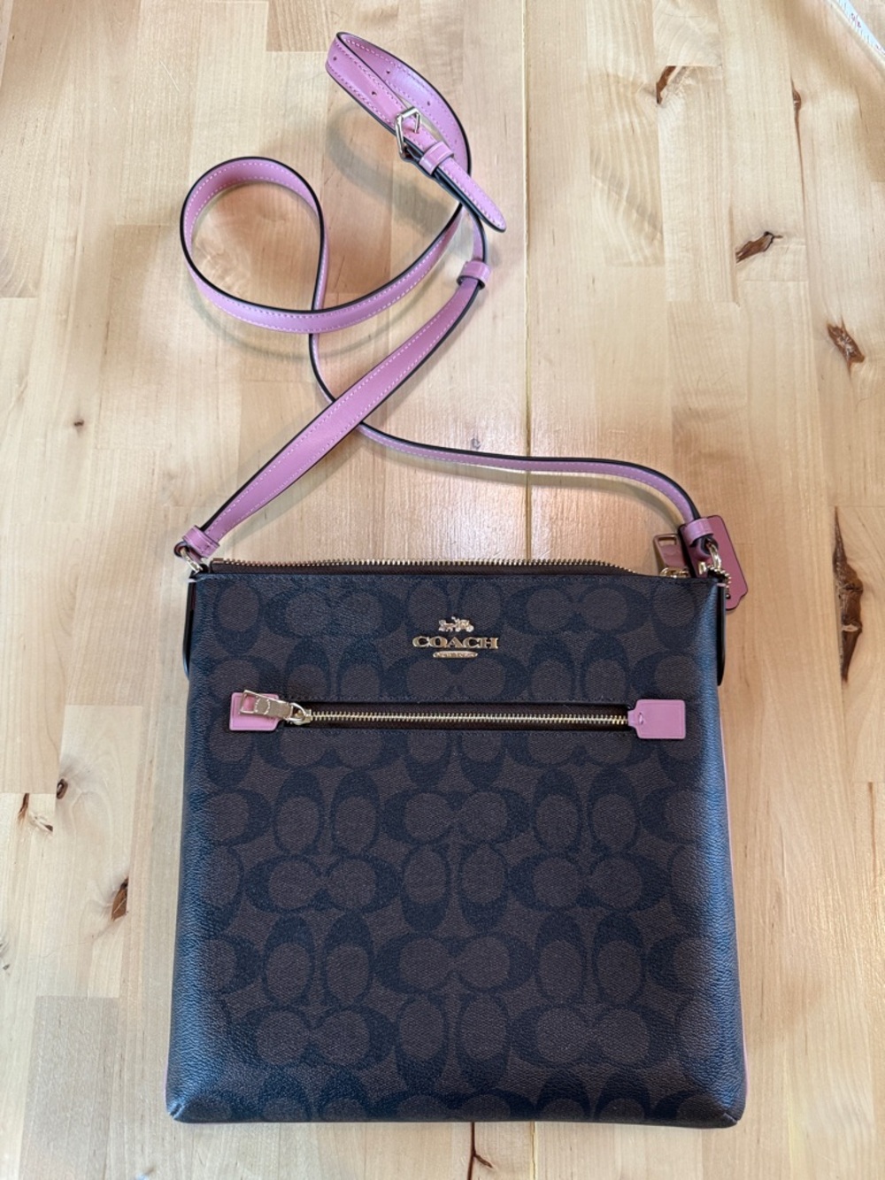 Coach Brown Signature Crossbody with Pink Trim